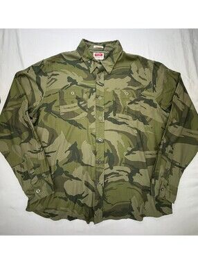 Wrangler Mens Button-Up Shirt Camo Flex for Comfort Dual Pockets Size XL Green